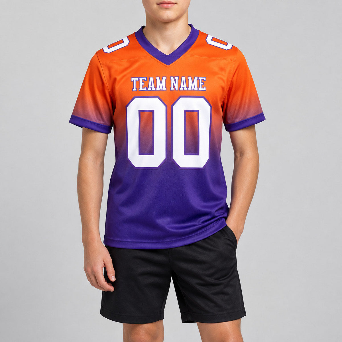 Custom Orange Fade Authentic Football Jersey with White and Purple Lettering youth size worn by child model