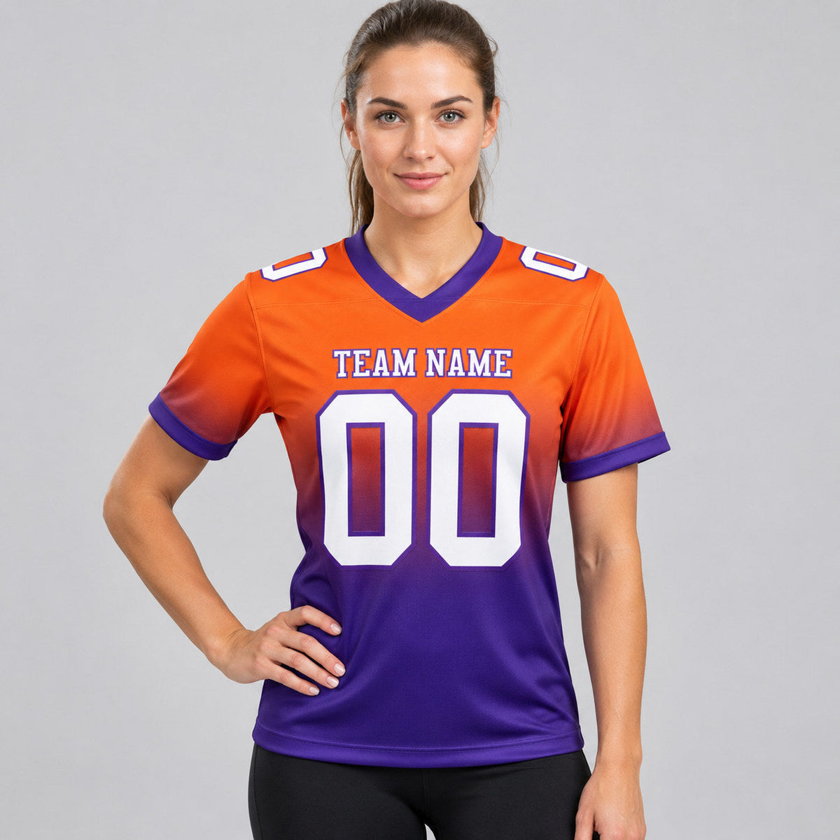 Custom Orange Fade Authentic Football Jersey with White and Purple Lettering worn by female model