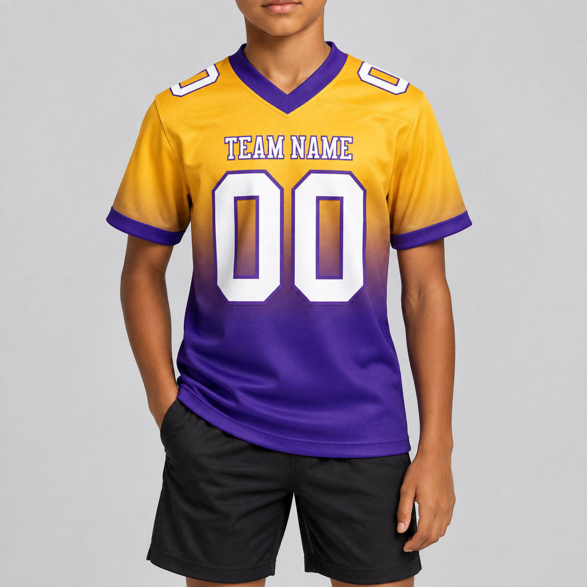 Custom Gold Fade Authentic Football Jersey with White and Purple Lettering youth size worn by child model