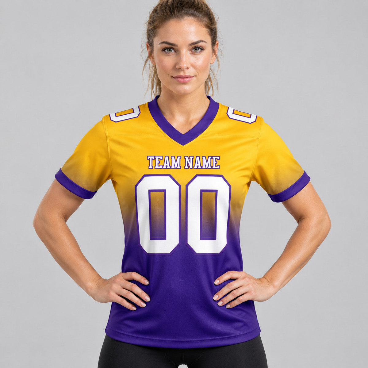 Custom Gold Fade Authentic Football Jersey with White and Purple Lettering worn by female model