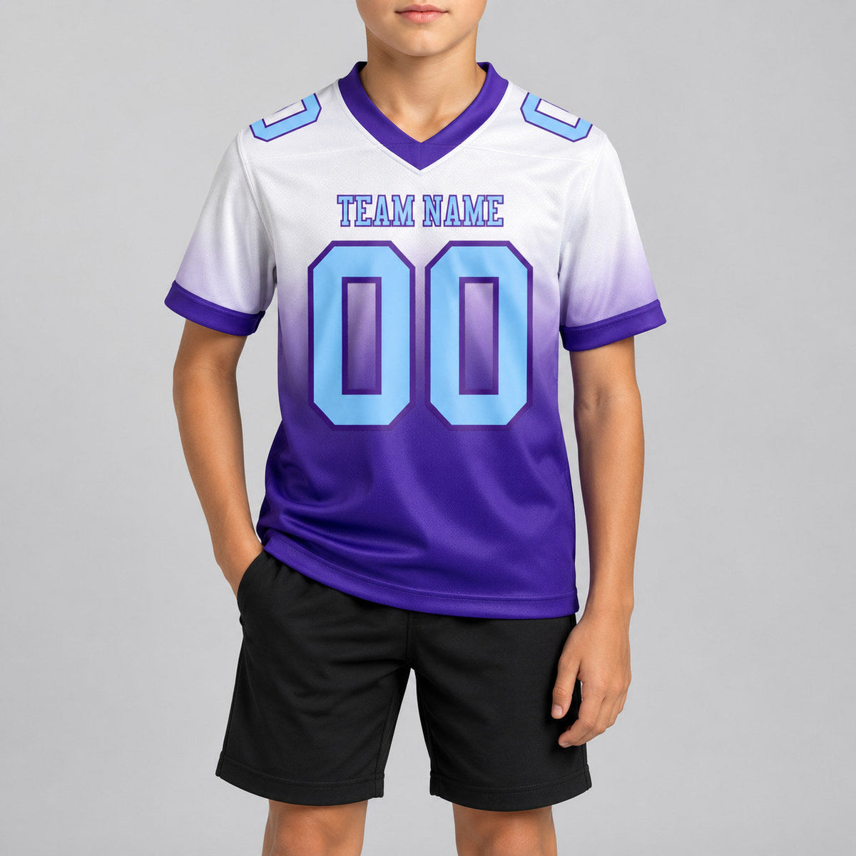 Custom White Fade Authentic Football Jersey with Light Blue and Purple Lettering youth size worn by child model