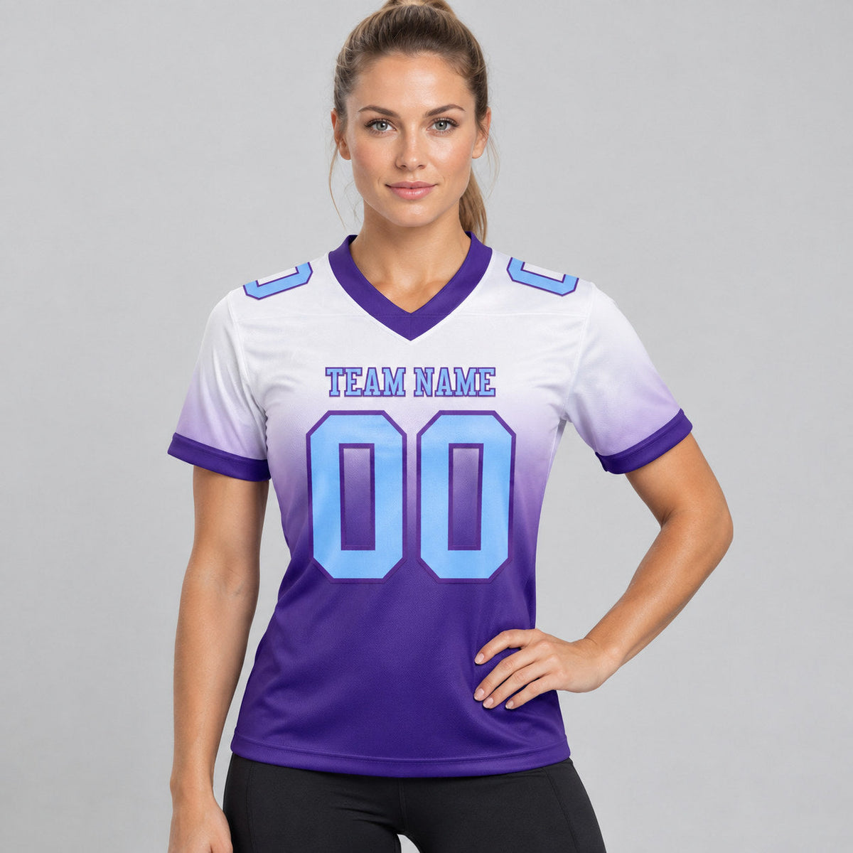 Custom White Fade Authentic Football Jersey with Light Blue and Purple Lettering worn by female model