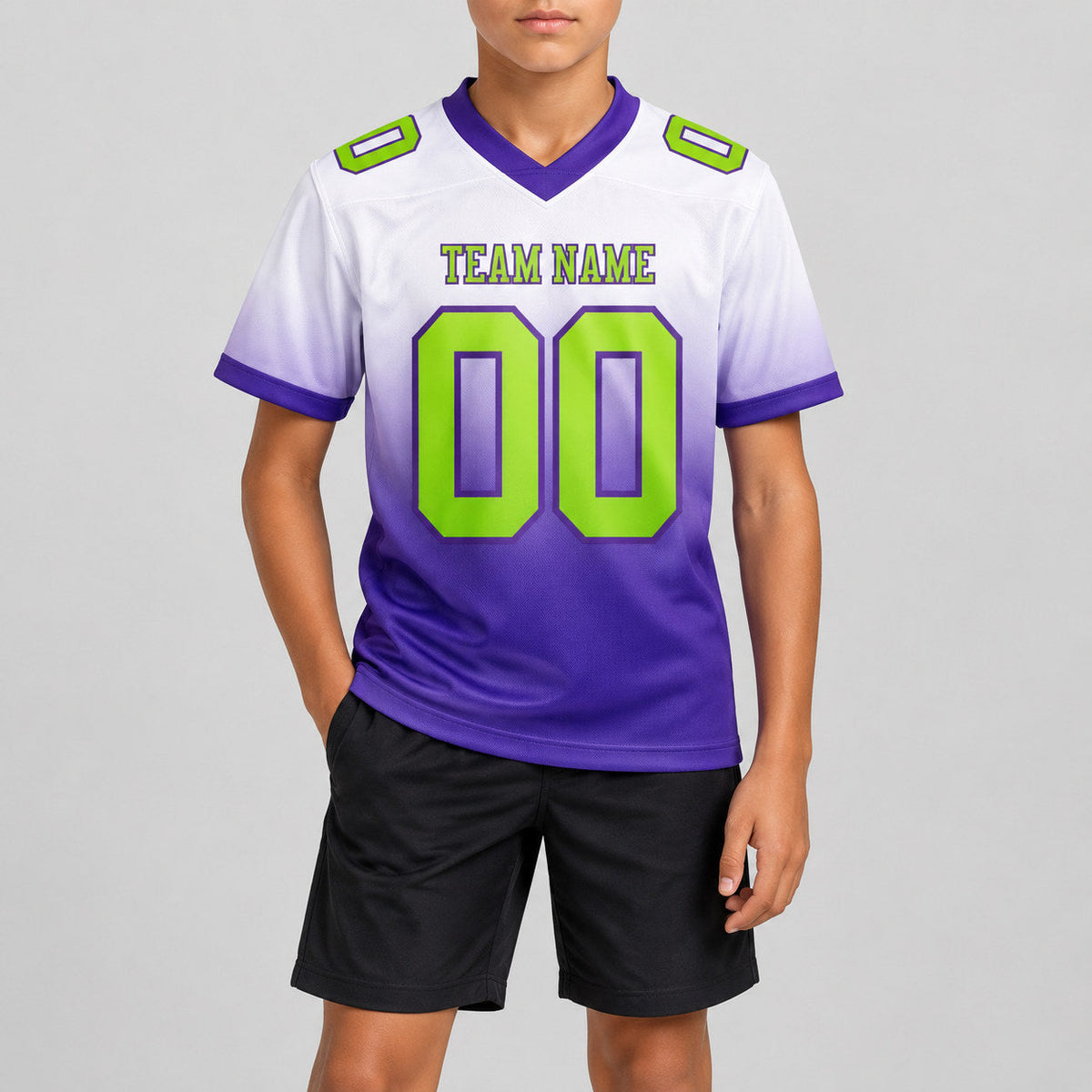 Custom White Fade Authentic Football Jersey with Neon Green and Purple Lettering youth size worn by child model
