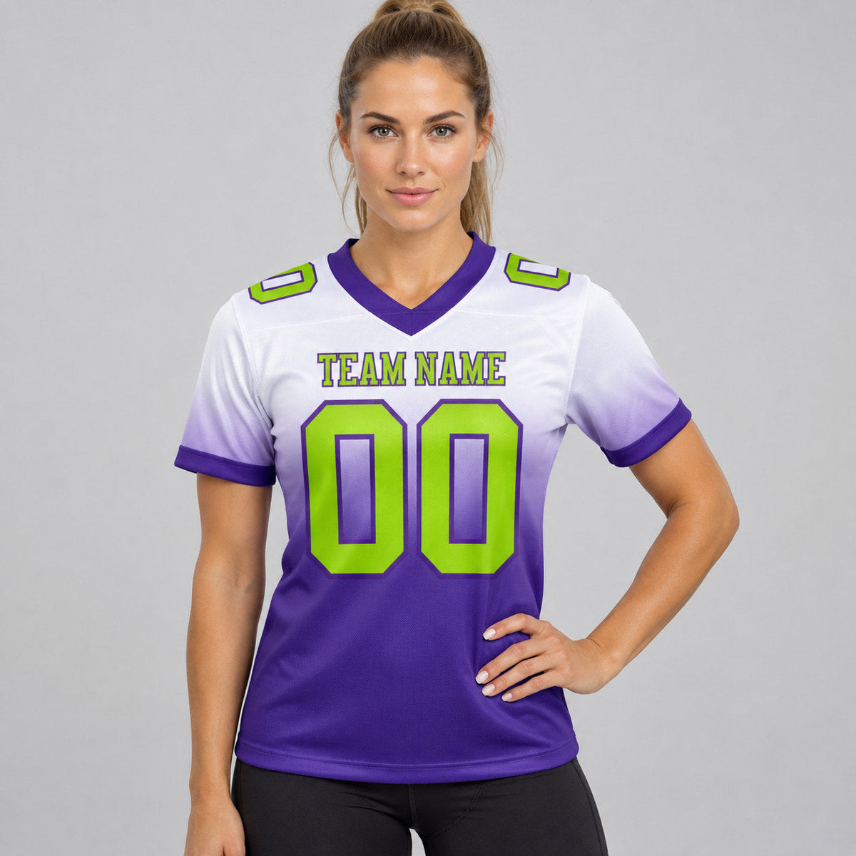 Custom White Fade Authentic Football Jersey with Neon Green and Purple Lettering worn by female model