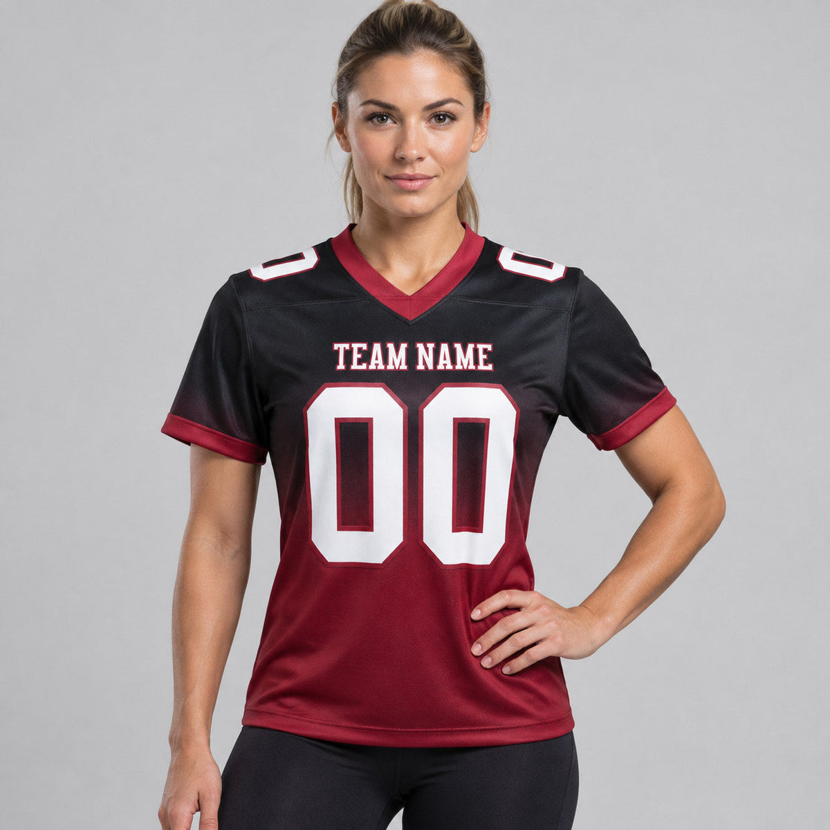 Custom Black Fade Authentic Football Jersey with White and Cardinal Lettering worn by female model