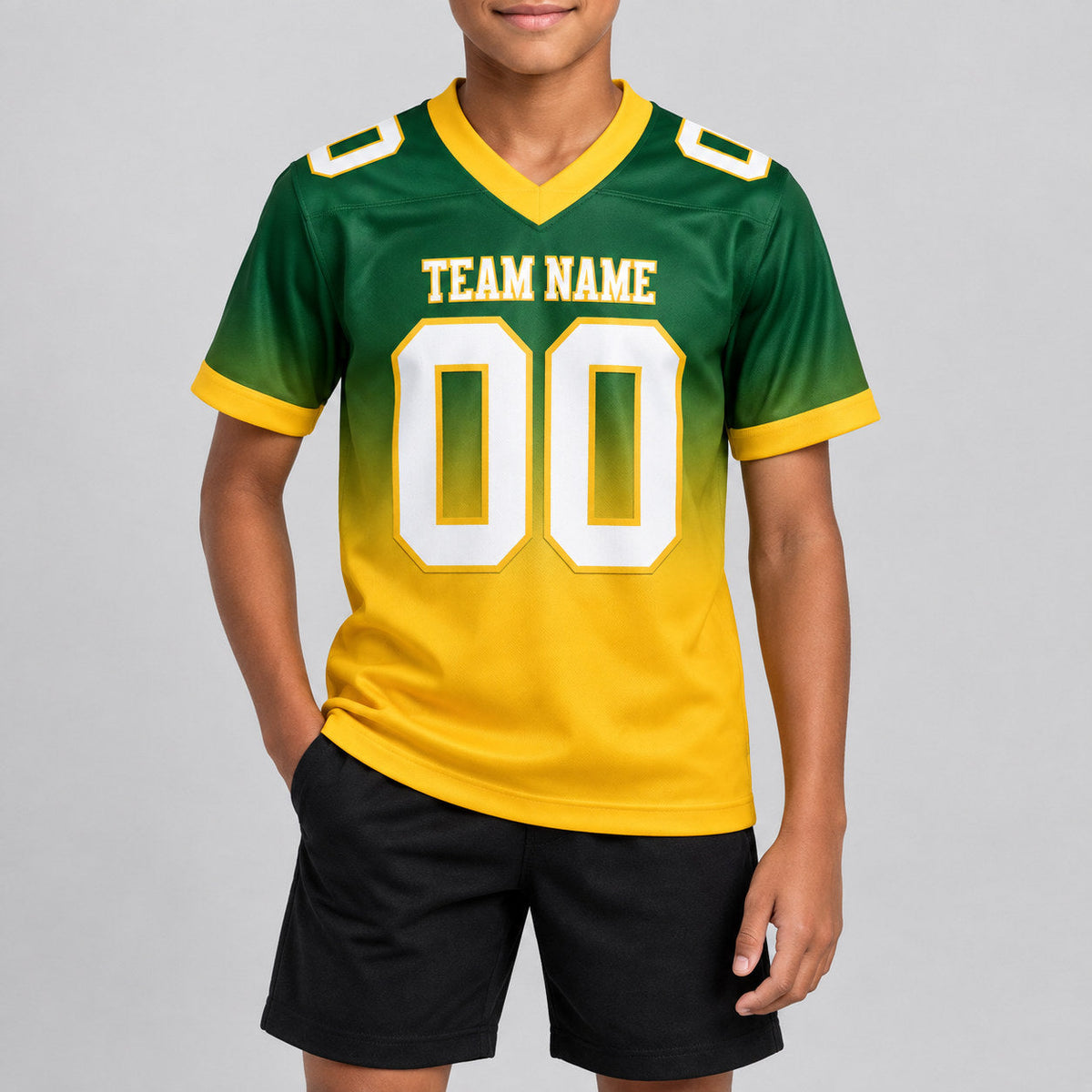 Custom Green Fade Authentic Football Jersey with White and Gold Lettering youth size worn by child model