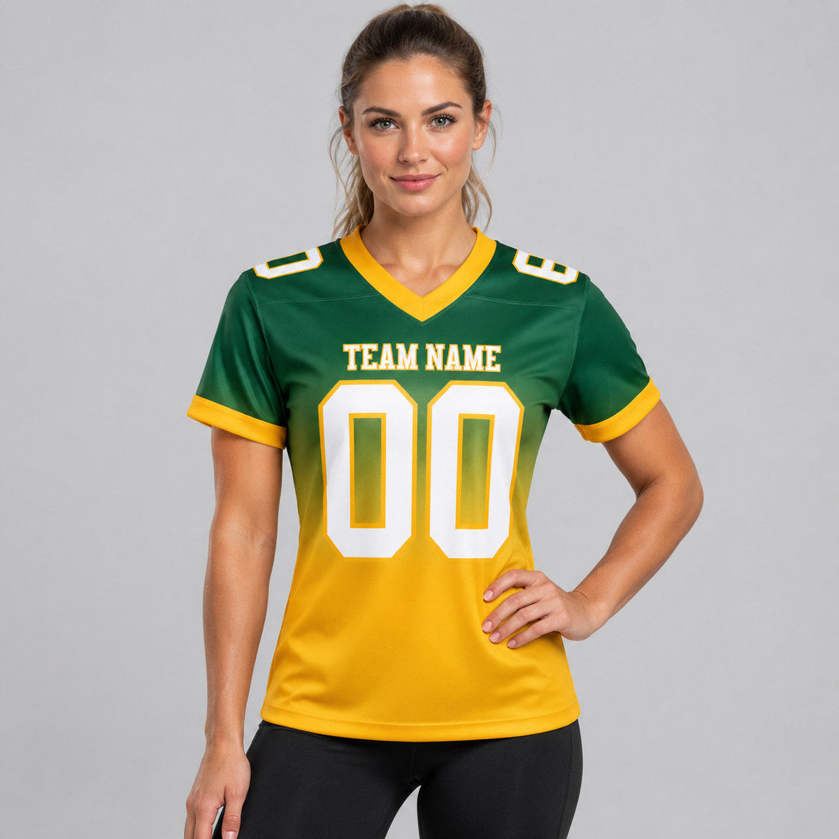 Custom Green Fade Authentic Football Jersey with White and Gold Lettering worn by female model