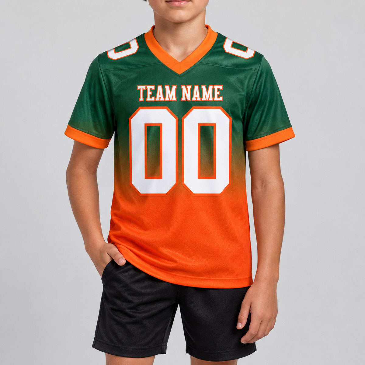Custom Green Fade Authentic Football Jersey with White and Orange Lettering youth size worn by child model