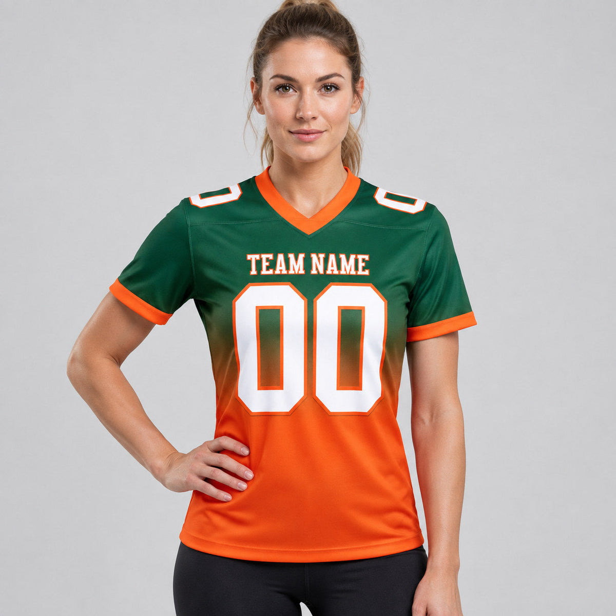 Custom Green Fade Authentic Football Jersey with White and Orange Lettering worn by female model
