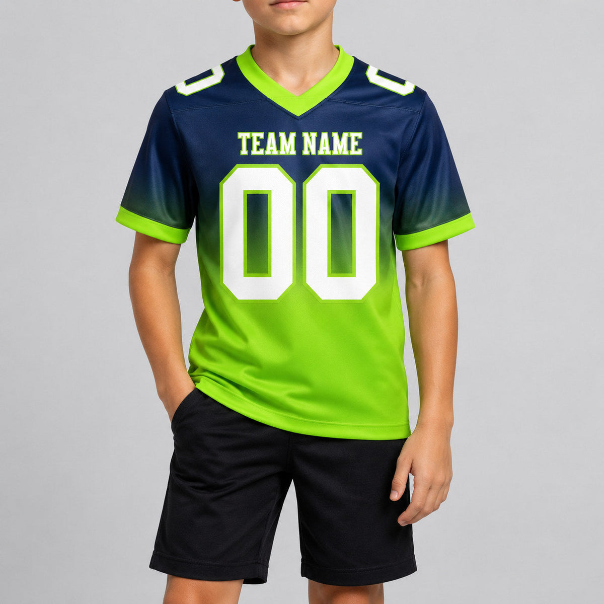 Custom Navy Fade Authentic Football Jersey with White and Neon Green Lettering youth size worn by child model