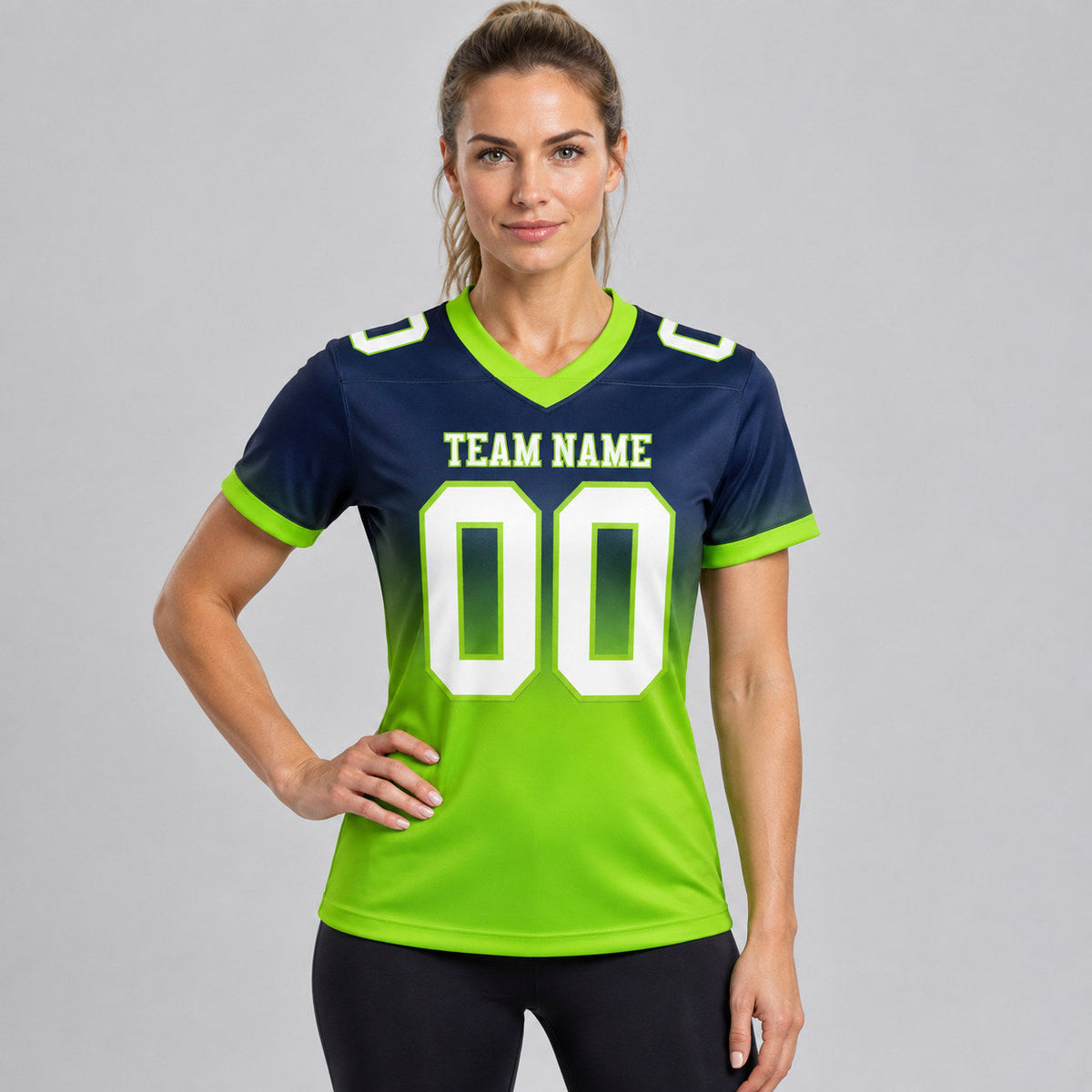 Custom Navy Fade Authentic Football Jersey with White and Neon Green Lettering worn by female model
