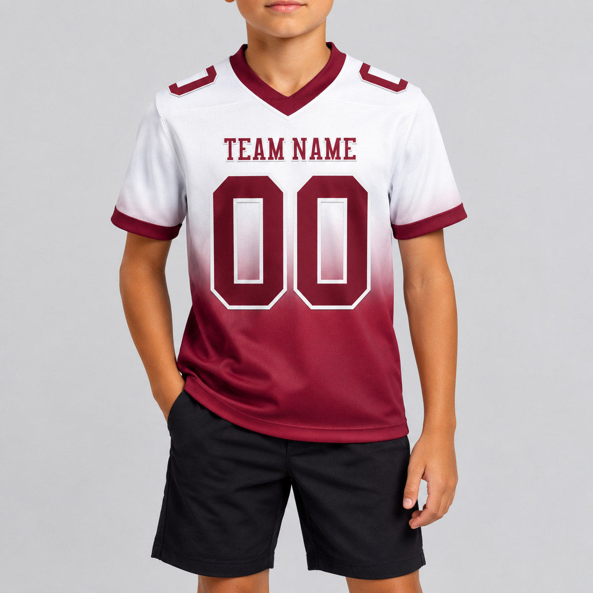 Custom White Fade Authentic Football Jersey with Burgundy Lettering youth size worn by child model