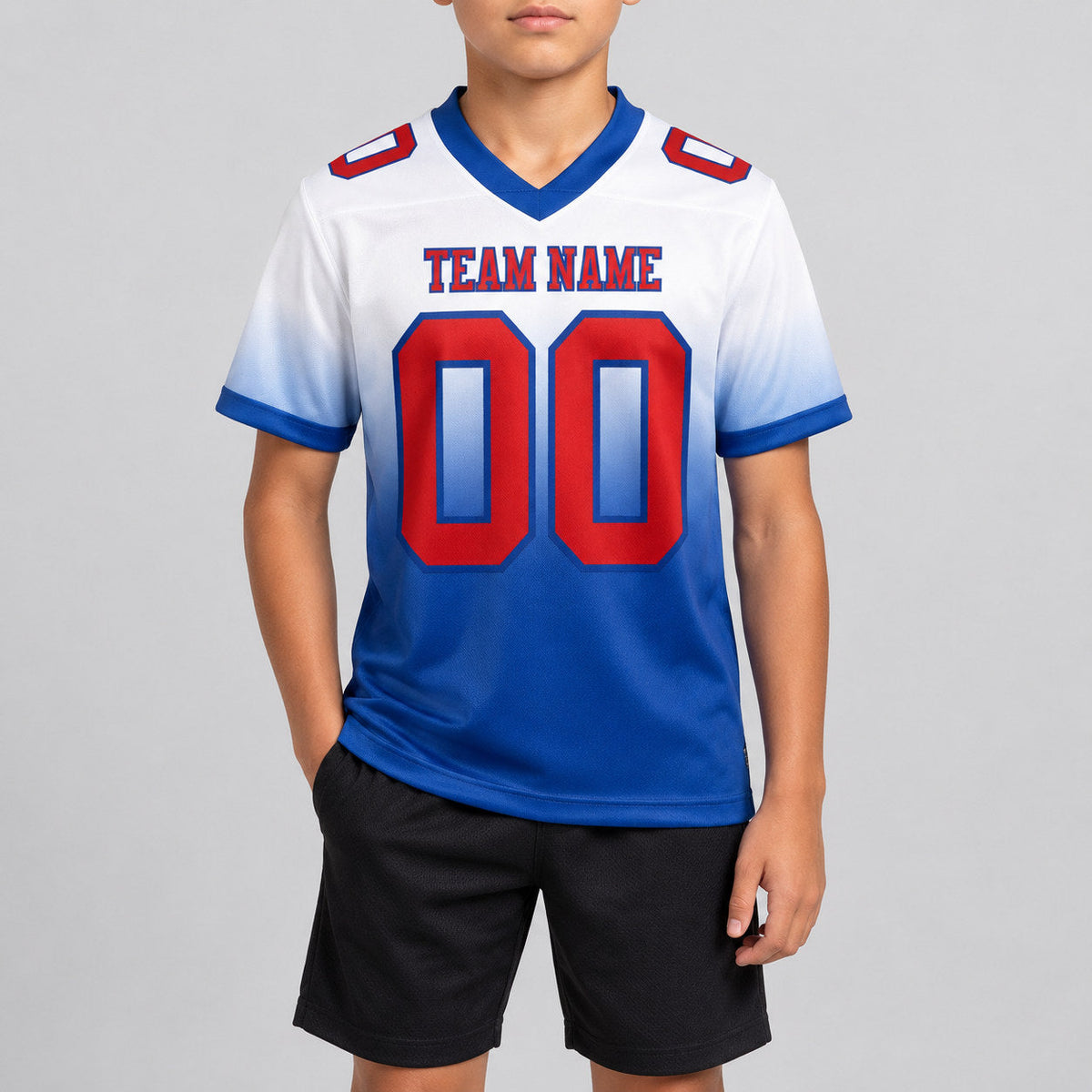 Custom White Fade Authentic Football Jersey with Red and Royal Lettering youth size worn by child model