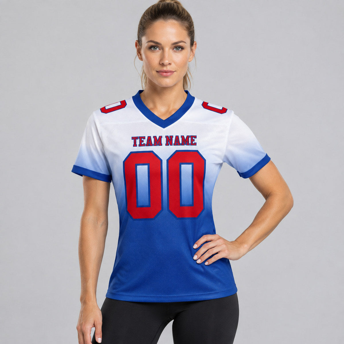 Custom White Fade Authentic Football Jersey with Red and Royal Lettering worn by female model