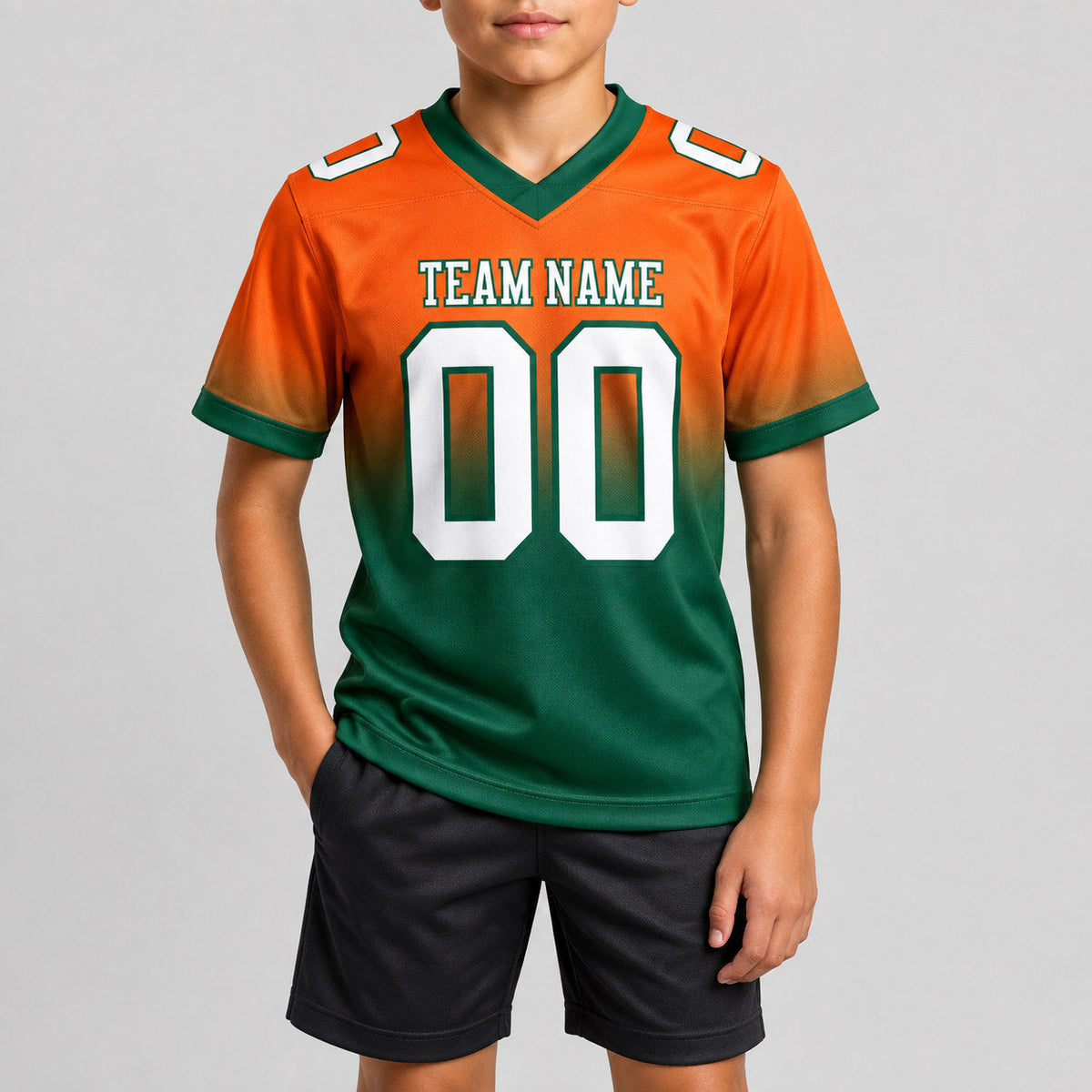 Custom Orange Fade Authentic Football Jersey with White and Green Lettering youth size worn by child model