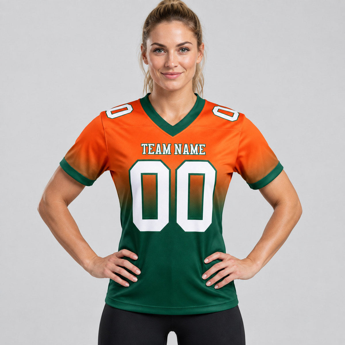 Custom Orange Fade Authentic Football Jersey with White and Green Lettering worn by female model