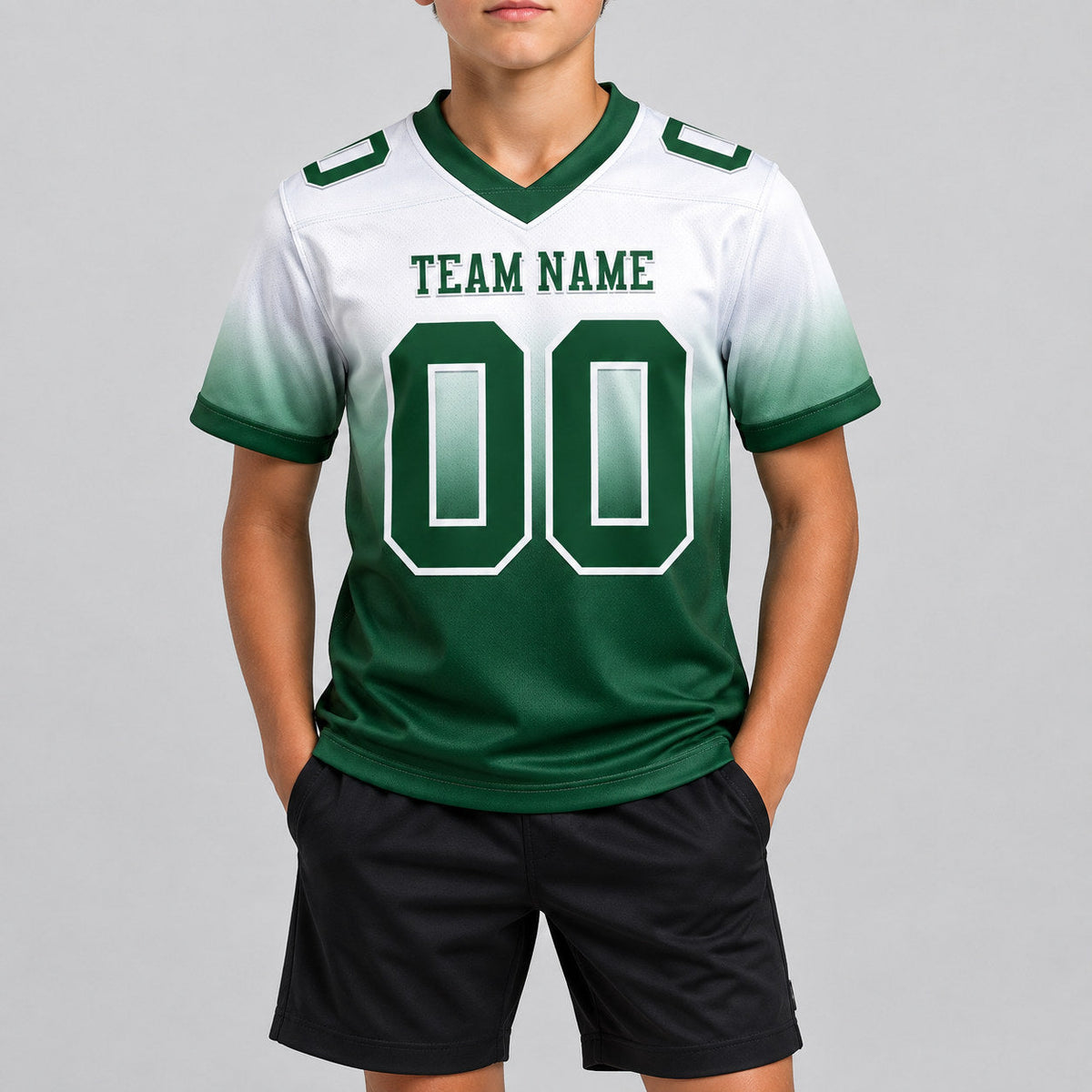 Custom White Fade Authentic Football Jersey with Green Lettering youth size worn by child model
