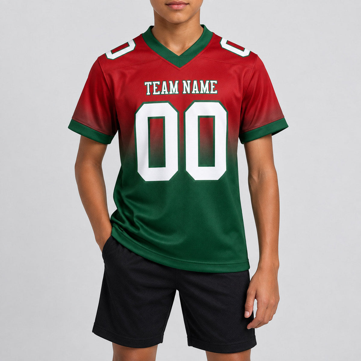 Custom Red Fade Authentic Football Jersey with White and Green Lettering youth size worn by child model