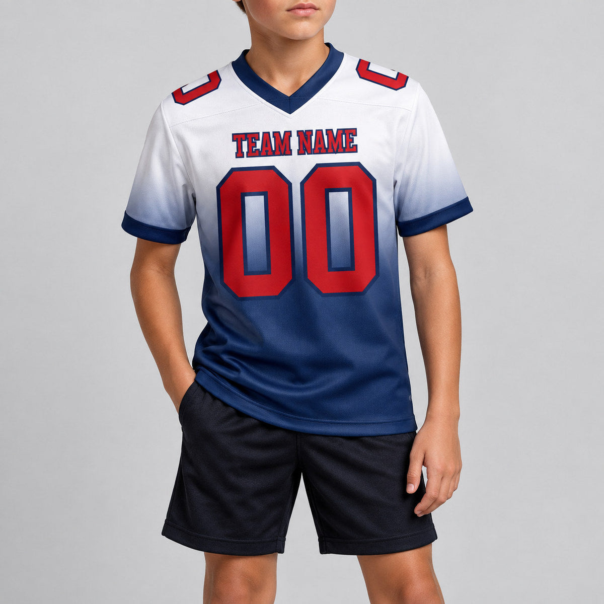 Custom White Fade Authentic Football Jersey with Red and Navy Lettering youth size worn by child model