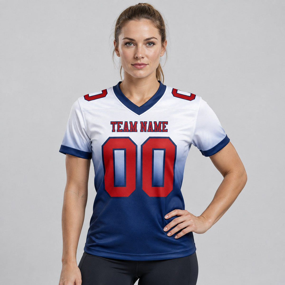 Custom White Fade Authentic Football Jersey with Red and Navy Lettering worn by female model