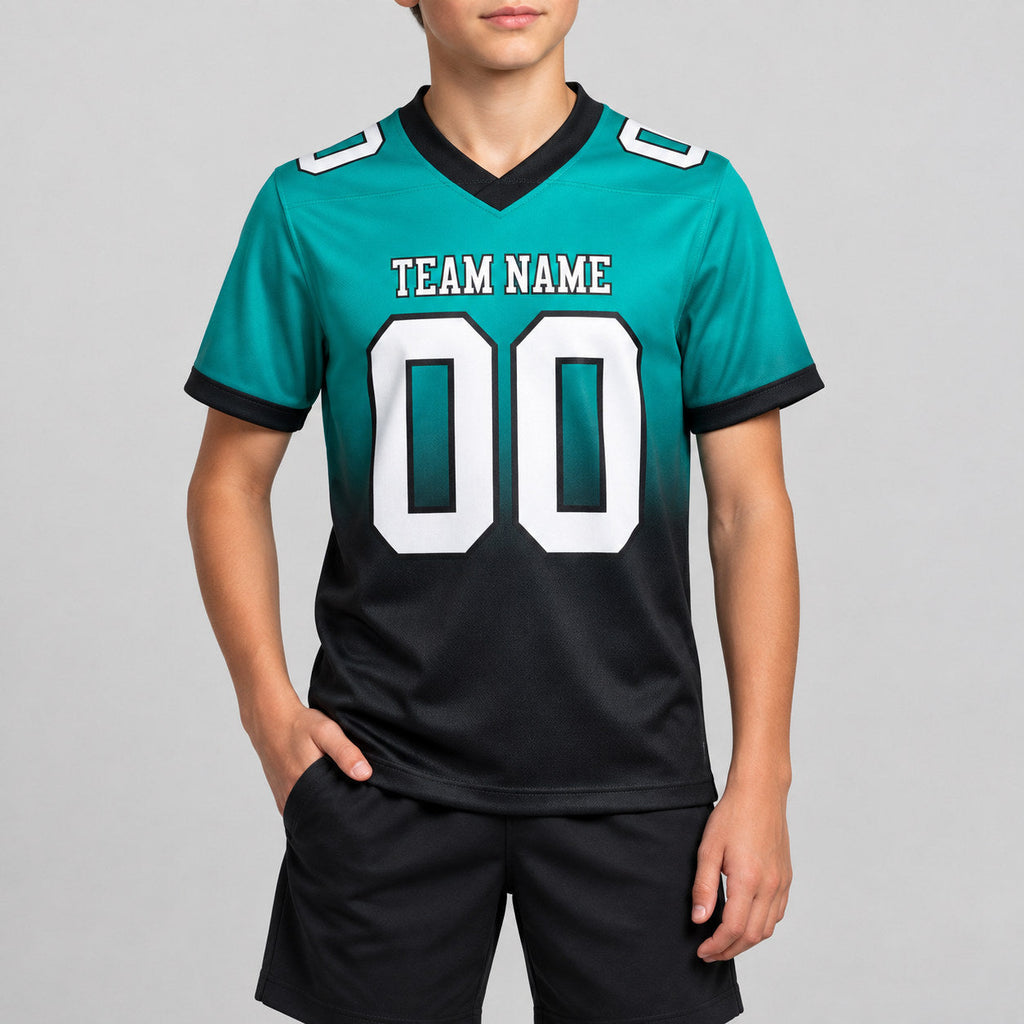 Custom Aqua Fade Authentic Football Jersey with White and Black Lettering youth size worn by child model