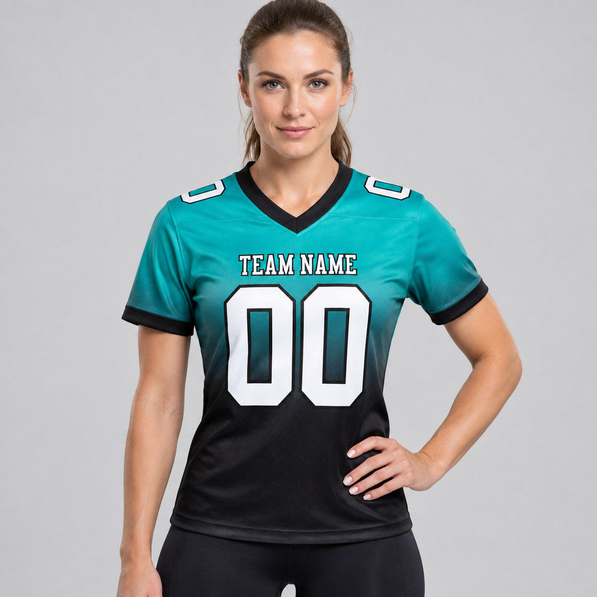 Custom Aqua Fade Authentic Football Jersey with White and Black Lettering worn by female model