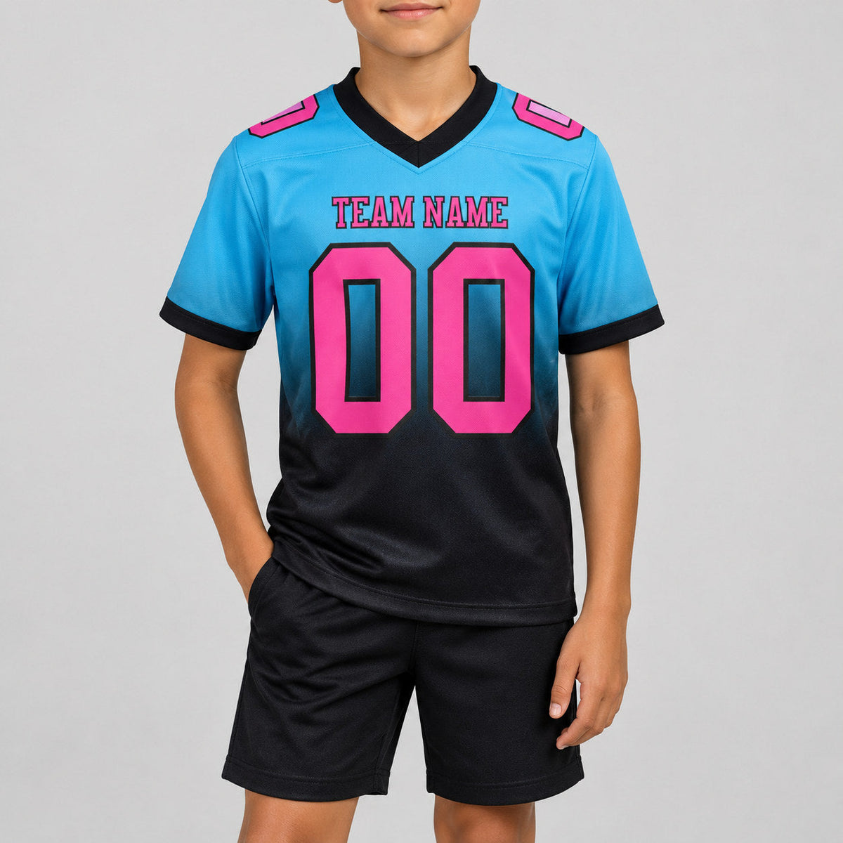 Custom Sky Blue Fade Authentic Football Jersey with Pink and Black Lettering Design 1421 youth size worn by child model