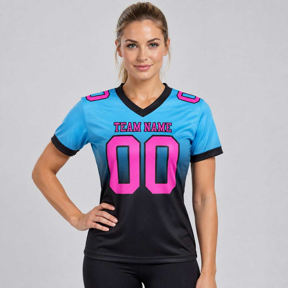 Custom Sky Blue Fade Authentic Football Jersey with Pink and Black Lettering Design 1421 worn by female model