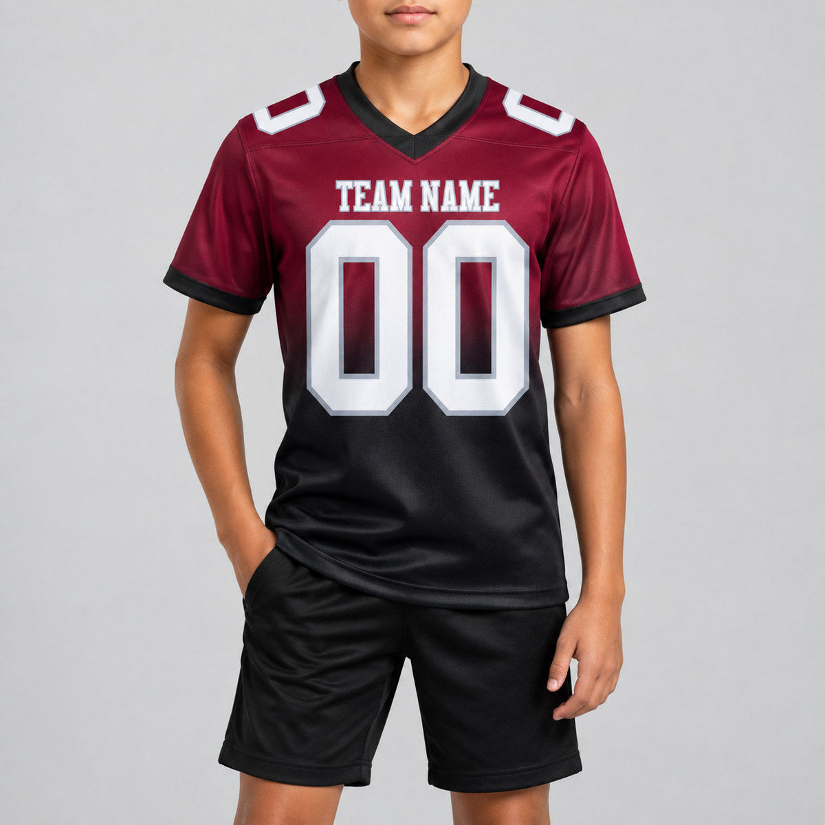 Custom Maroon and White Fade Authentic Football Jersey with Black and Gray Lettering youth size worn by child model