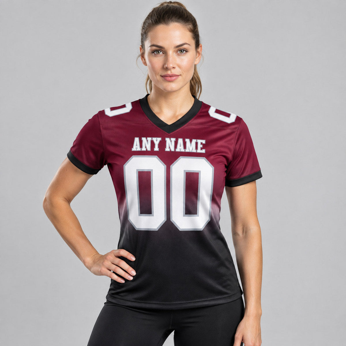 Custom Maroon and White Fade Authentic Football Jersey with Black and Gray Lettering worn by female model