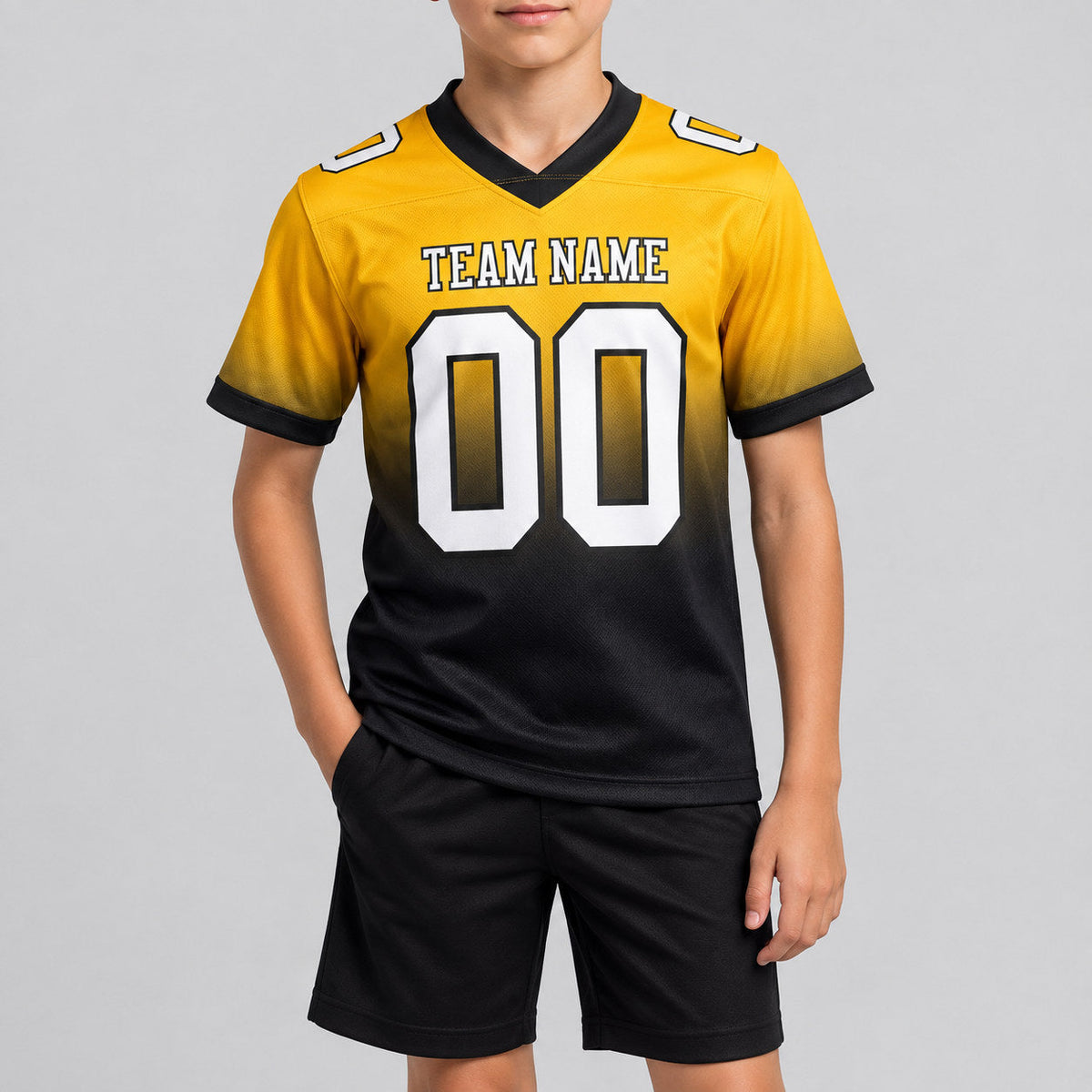 Custom Gold Fade Authentic Football Jersey with White and Black Lettering youth size worn by child model