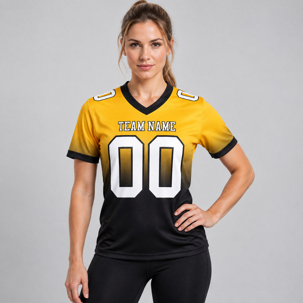 Custom Gold Fade Authentic Football Jersey with White and Black Lettering worn by female model