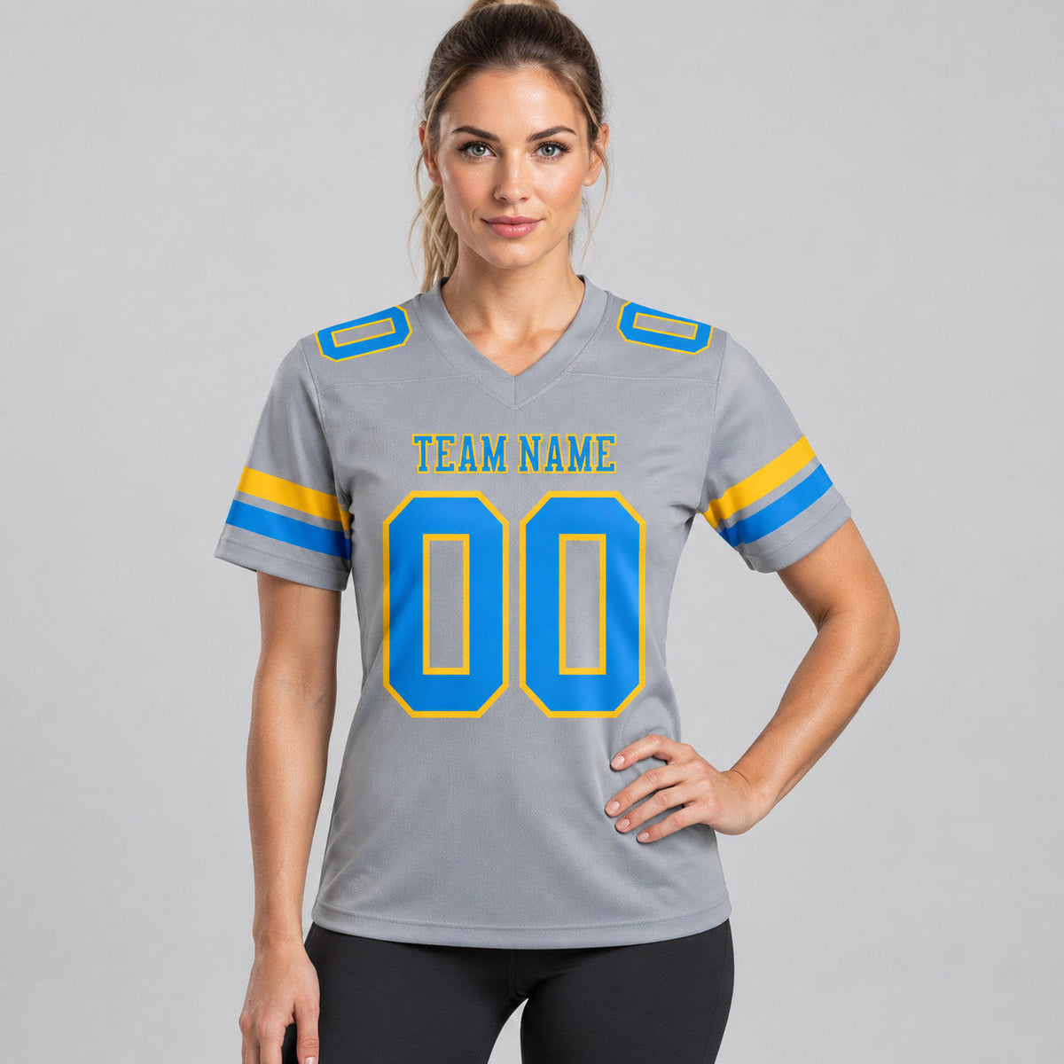 Custom Gray Authentic Football Jersey with Powder Blue and Gold Lettering worn by female model