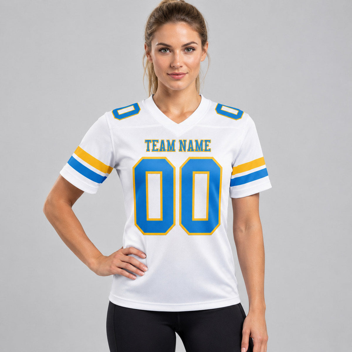 Custom White Authentic Football Jersey with Powder Blue and Gold Lettering worn by female model