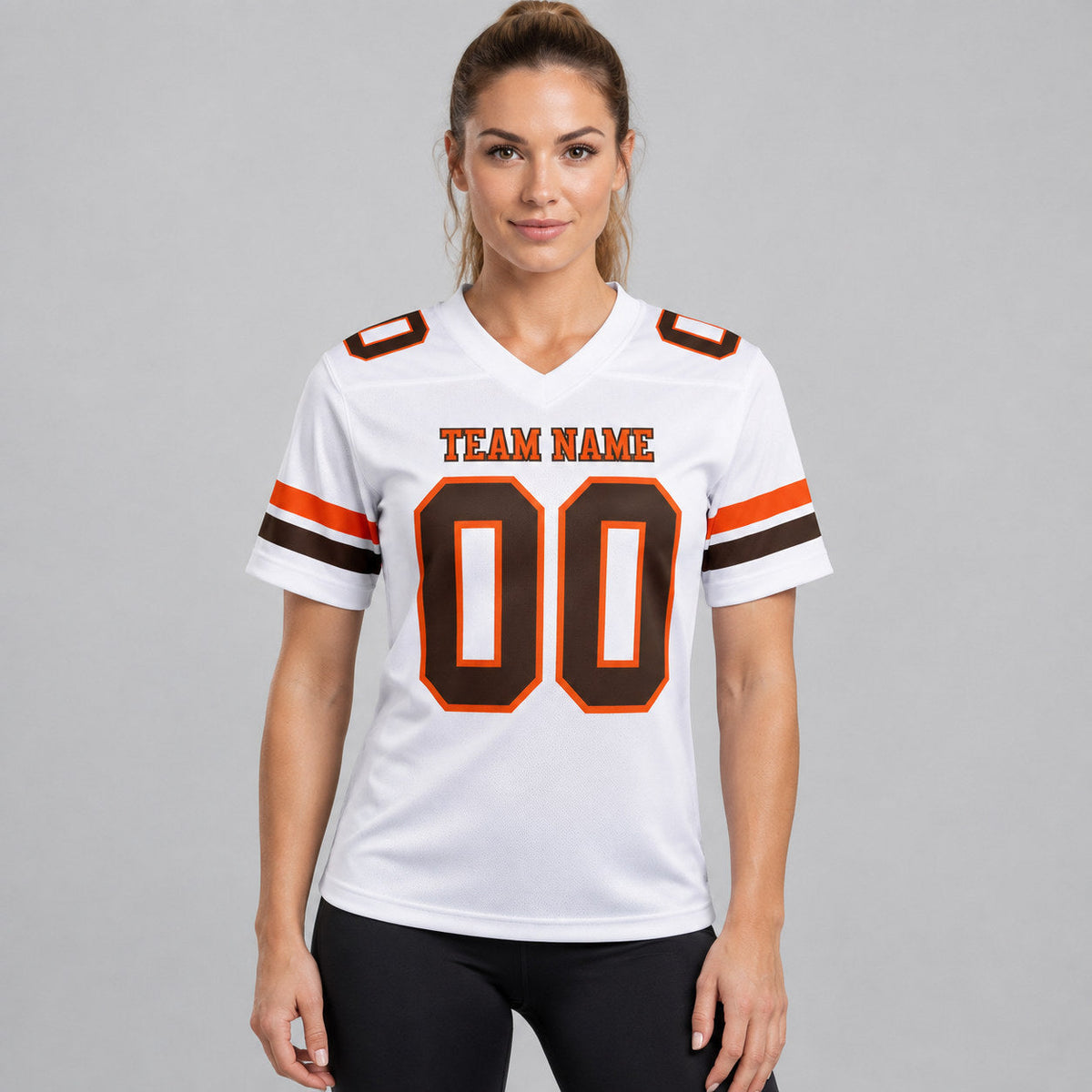 Custom White Authentic Football Jersey with Brown and Orange Lettering worn by female model