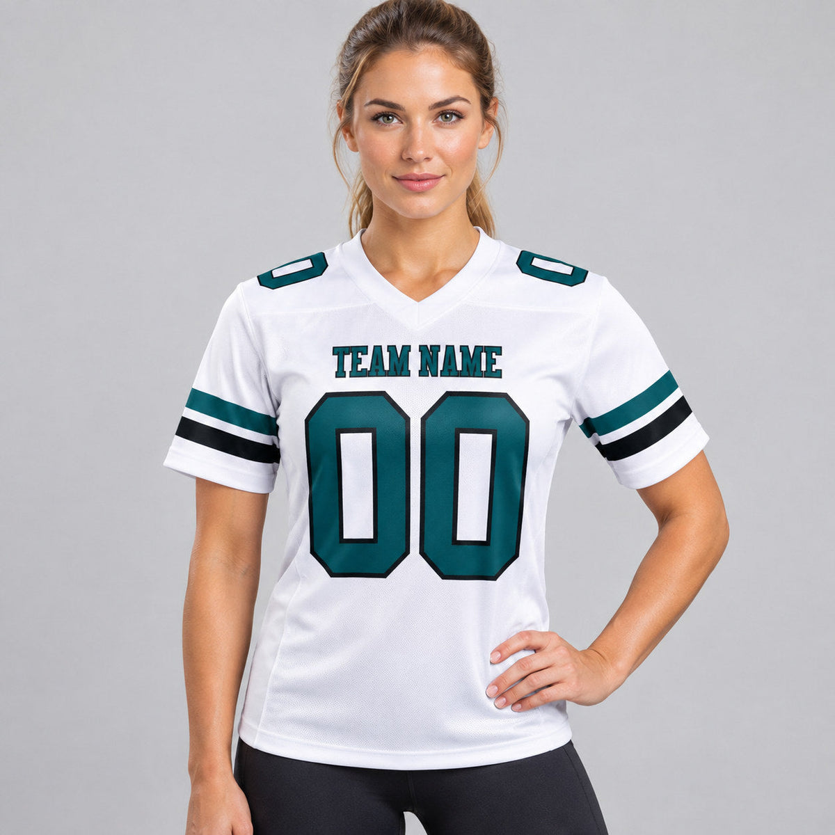 Custom White Authentic Football Jersey with Midnight Green and Black Lettering worn by female model