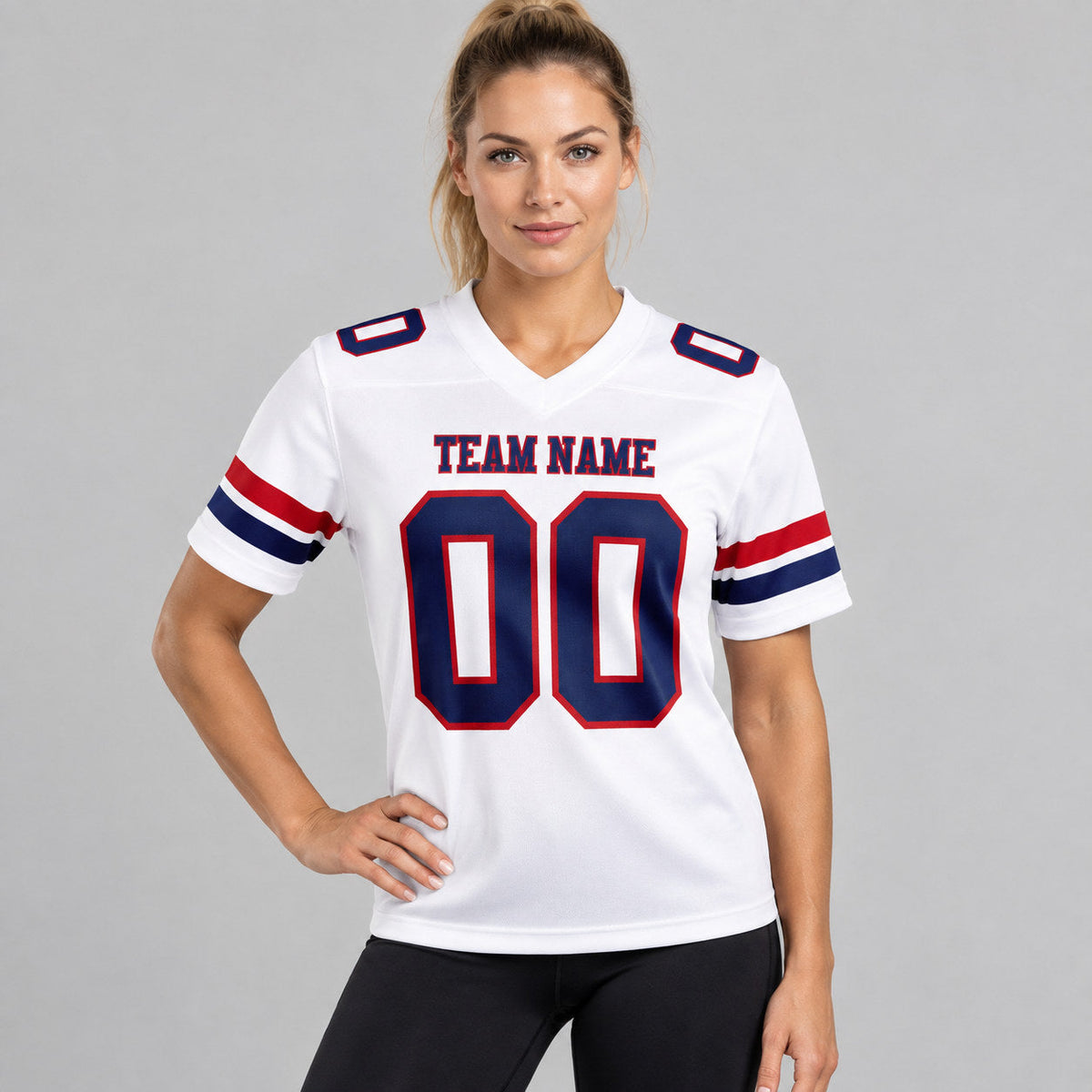 Custom White Authentic Football Jersey with Navy and Red Lettering worn by female model