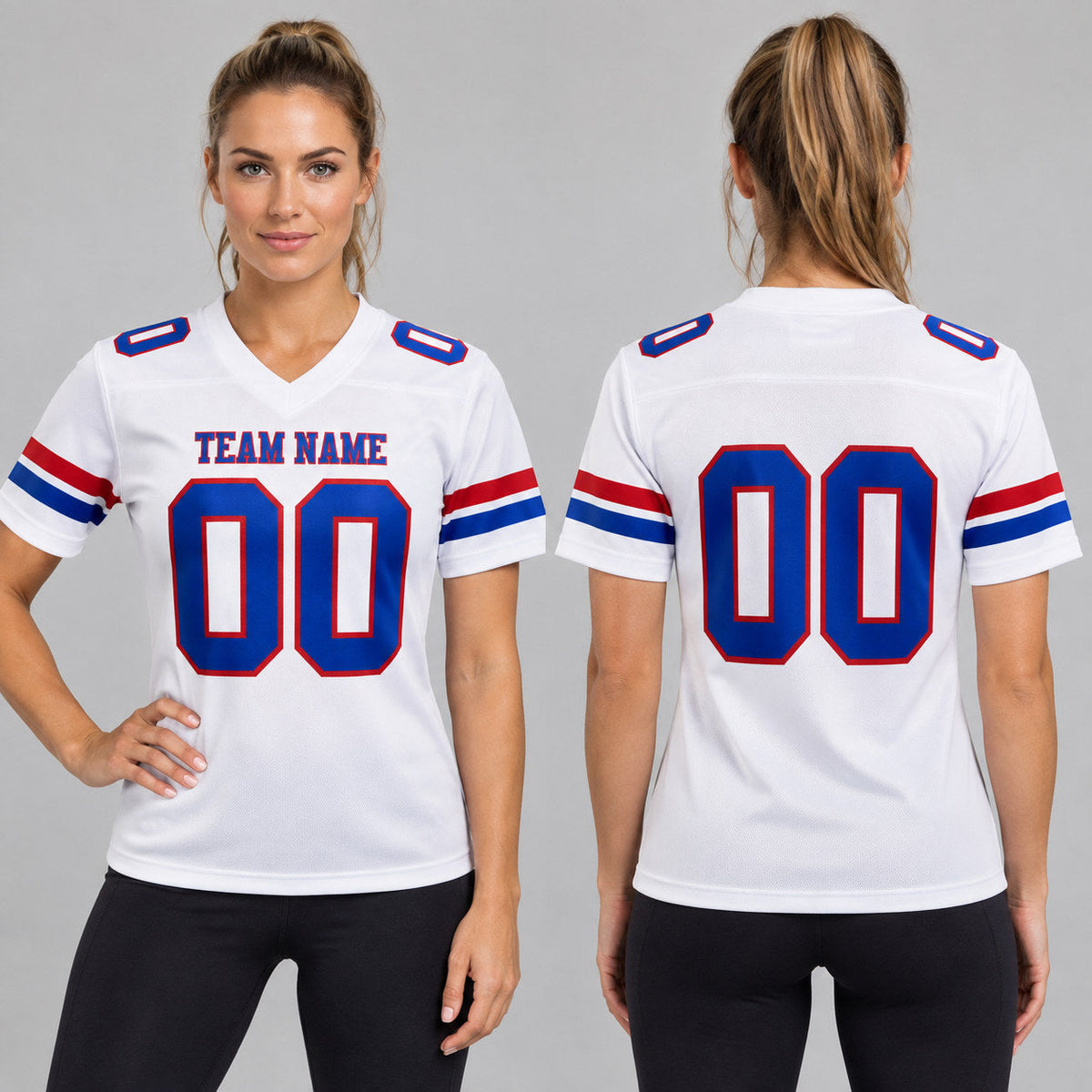Custom White Authentic Football Jersey with Royal and Red Lettering worn by female model