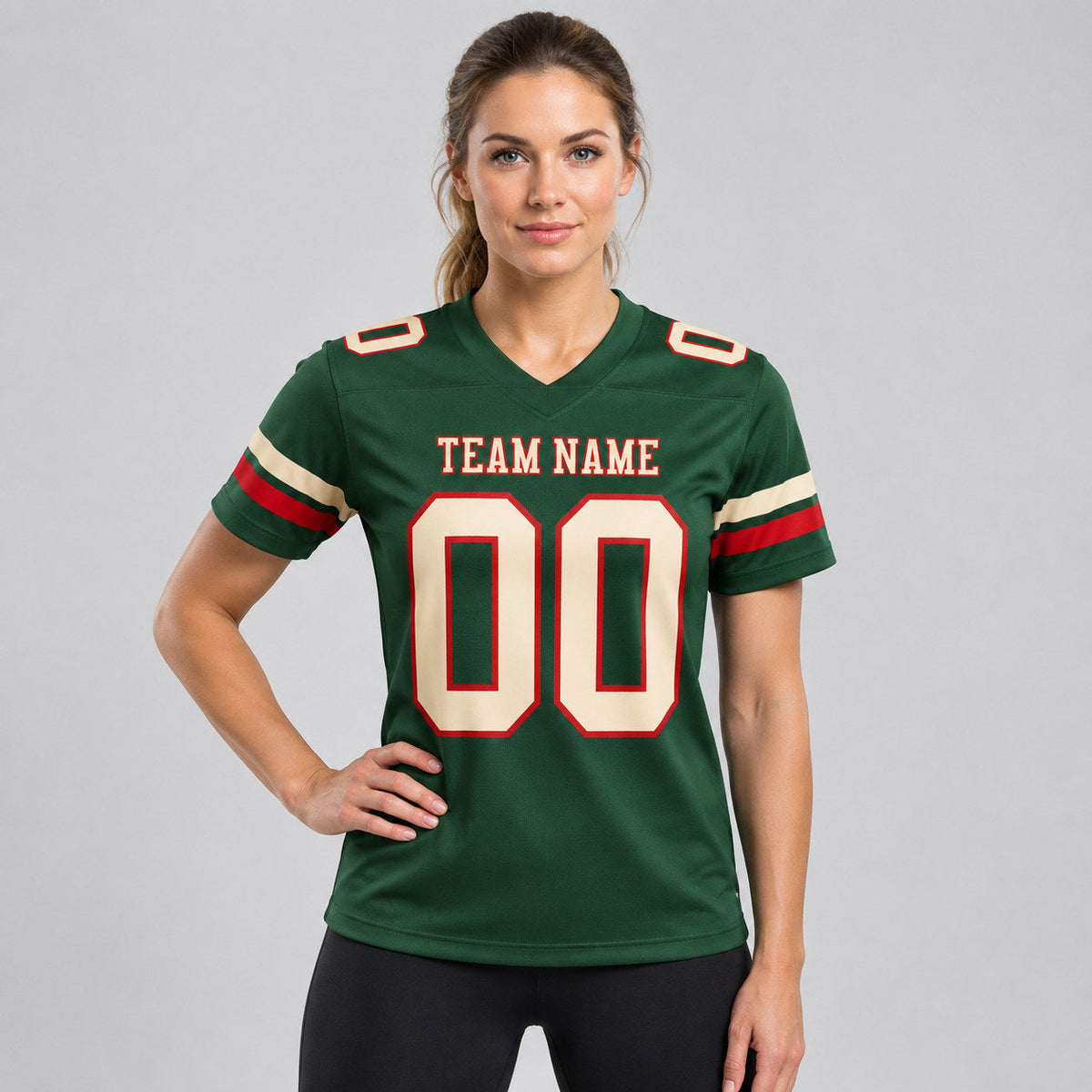 Custom Green Authentic Football Jersey with Cream and Red Lettering worn by female model