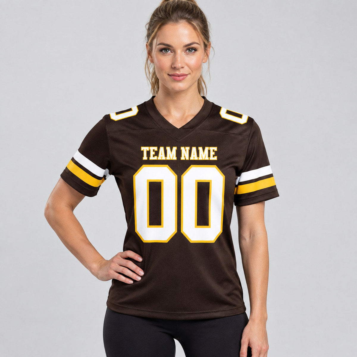 Custom Brown Authentic Football Jersey with White and Gold Lettering worn by female model