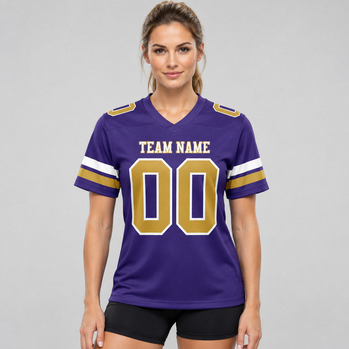 Custom Purple Authentic Football Jersey with Old Gold and White Lettering Design 0870 worn by female model