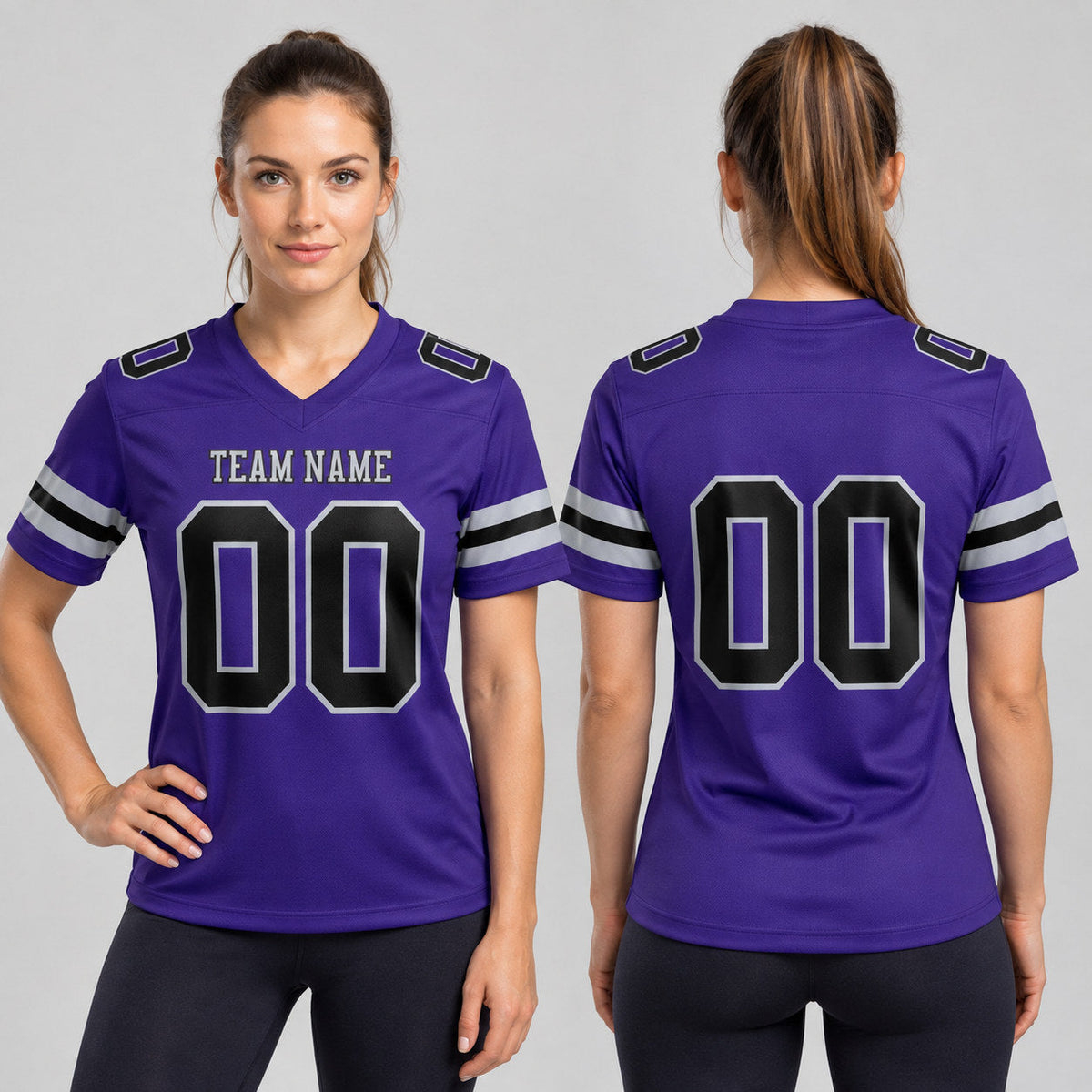 Custom Purple Authentic Football Jersey with Black and Gray Lettering worn by female model
