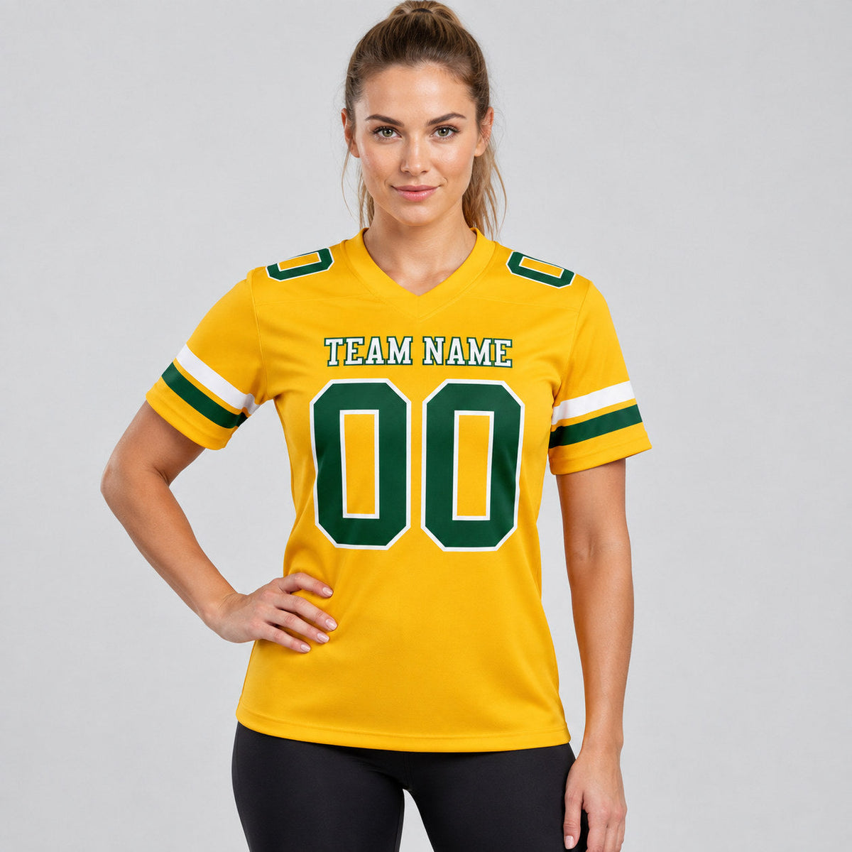 Custom Gold Authentic Football Jersey with Green and White Lettering worn by female model