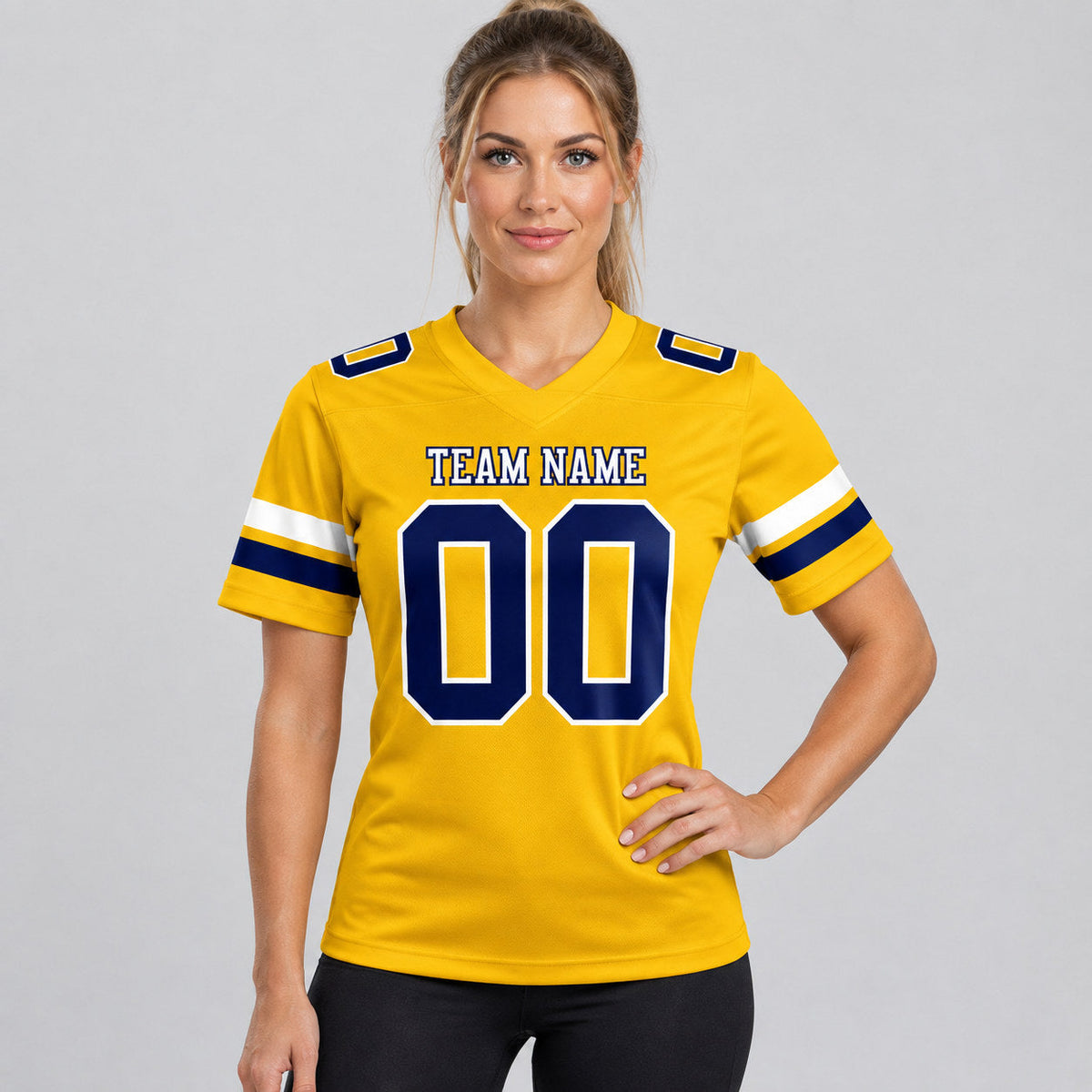 Custom Gold Authentic Football Jersey with Navy and White Lettering worn by female model