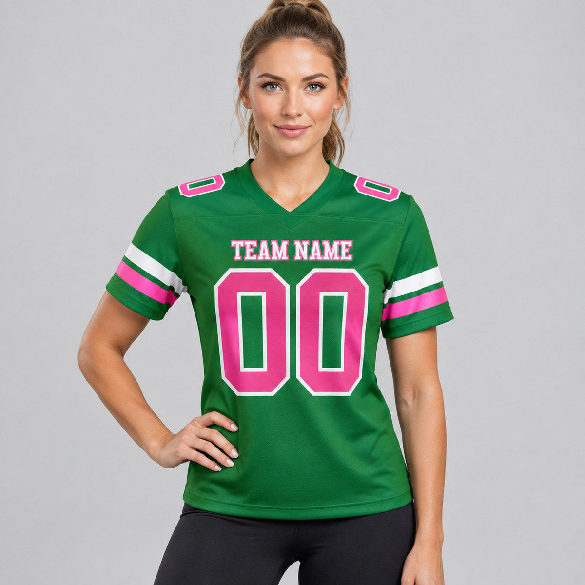 Custom Grass Green Authentic Football Jersey with Pink and White Lettering worn by female model