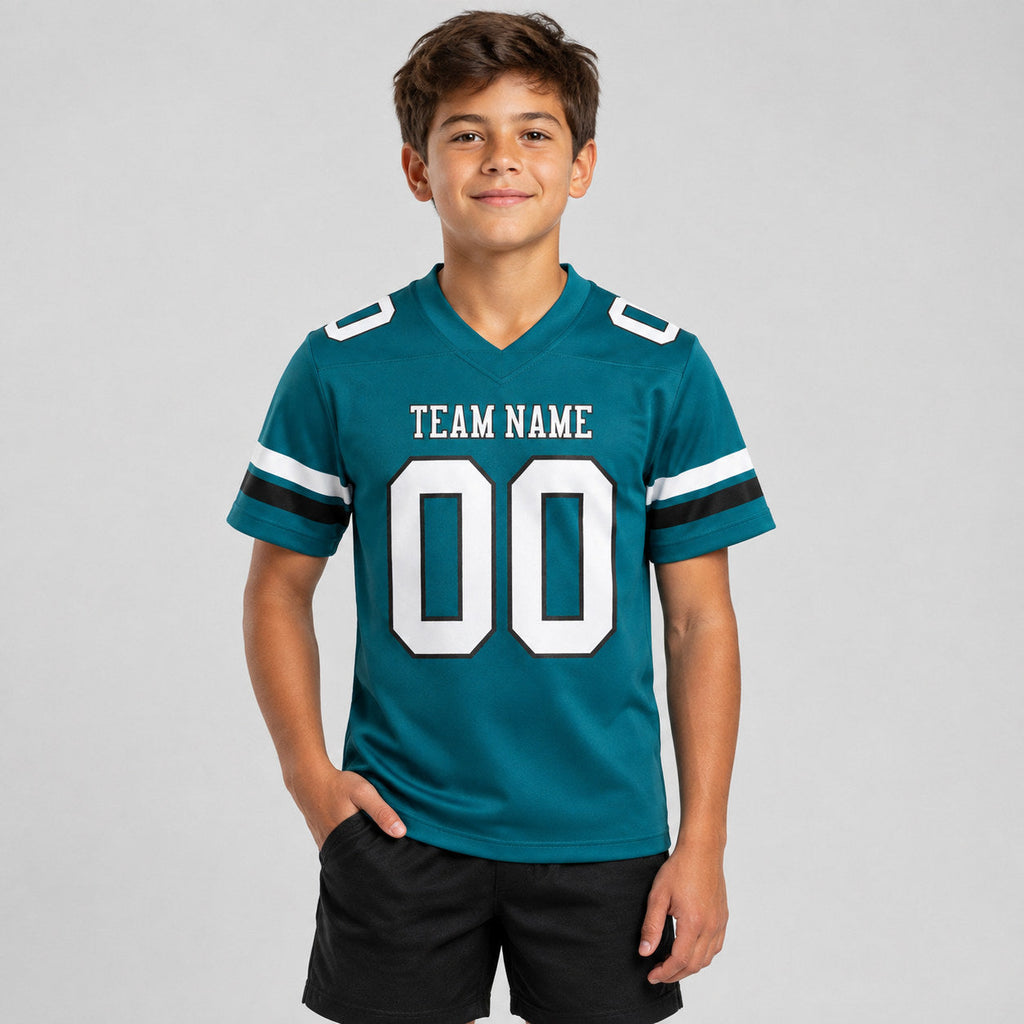 Custom Teal Authentic Football Jersey with White and Black Lettering youth size worn by child model