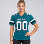 Custom Teal Authentic Football Jersey with White and Black Lettering worn by female model