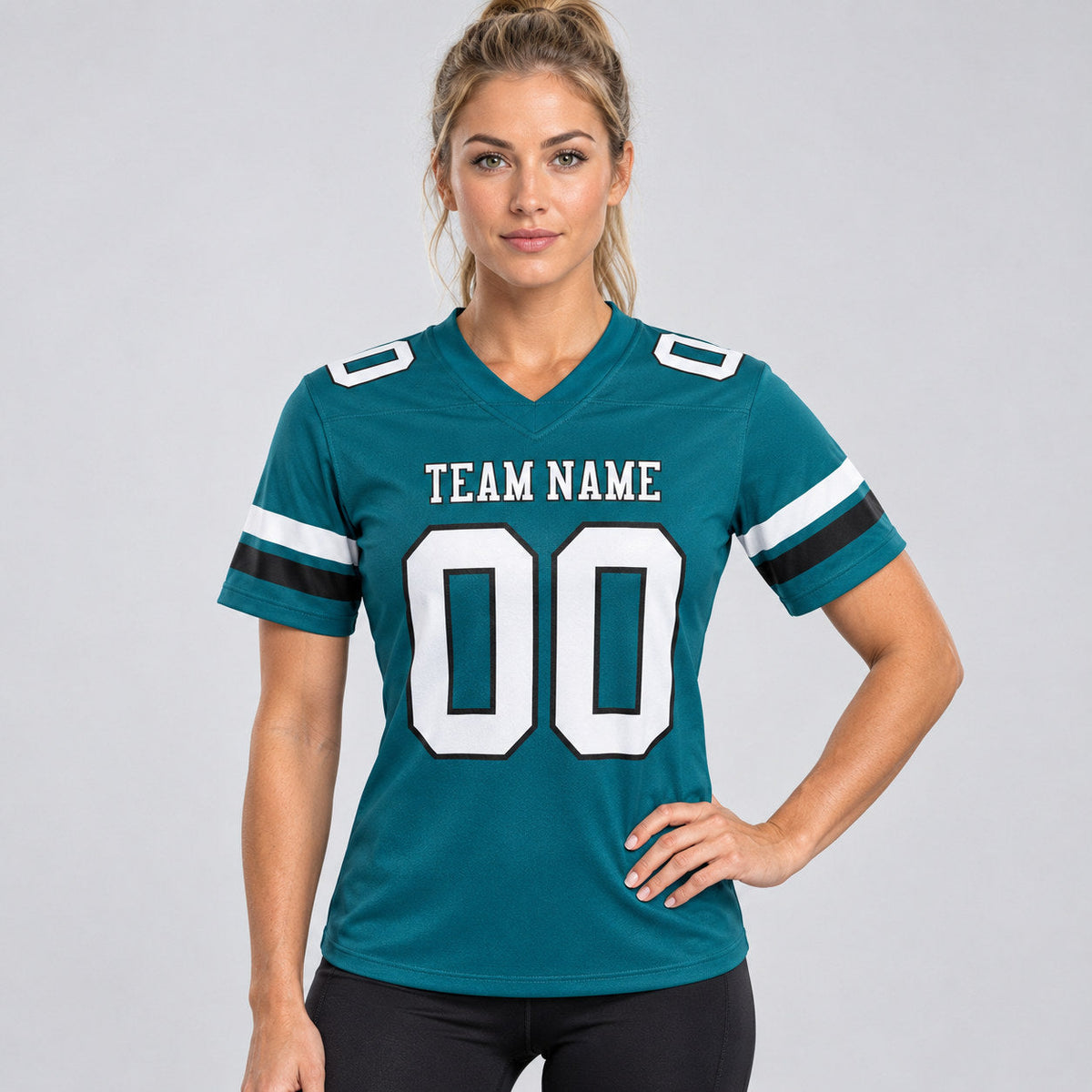 Custom Teal Authentic Football Jersey with White and Black Lettering worn by female model