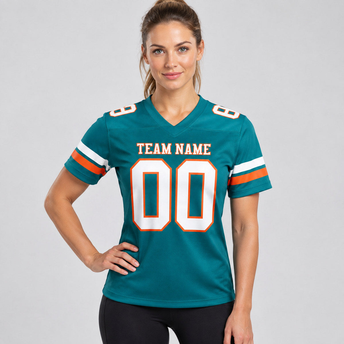 Custom Teal Authentic Football Jersey with White and Orange Lettering worn by female model