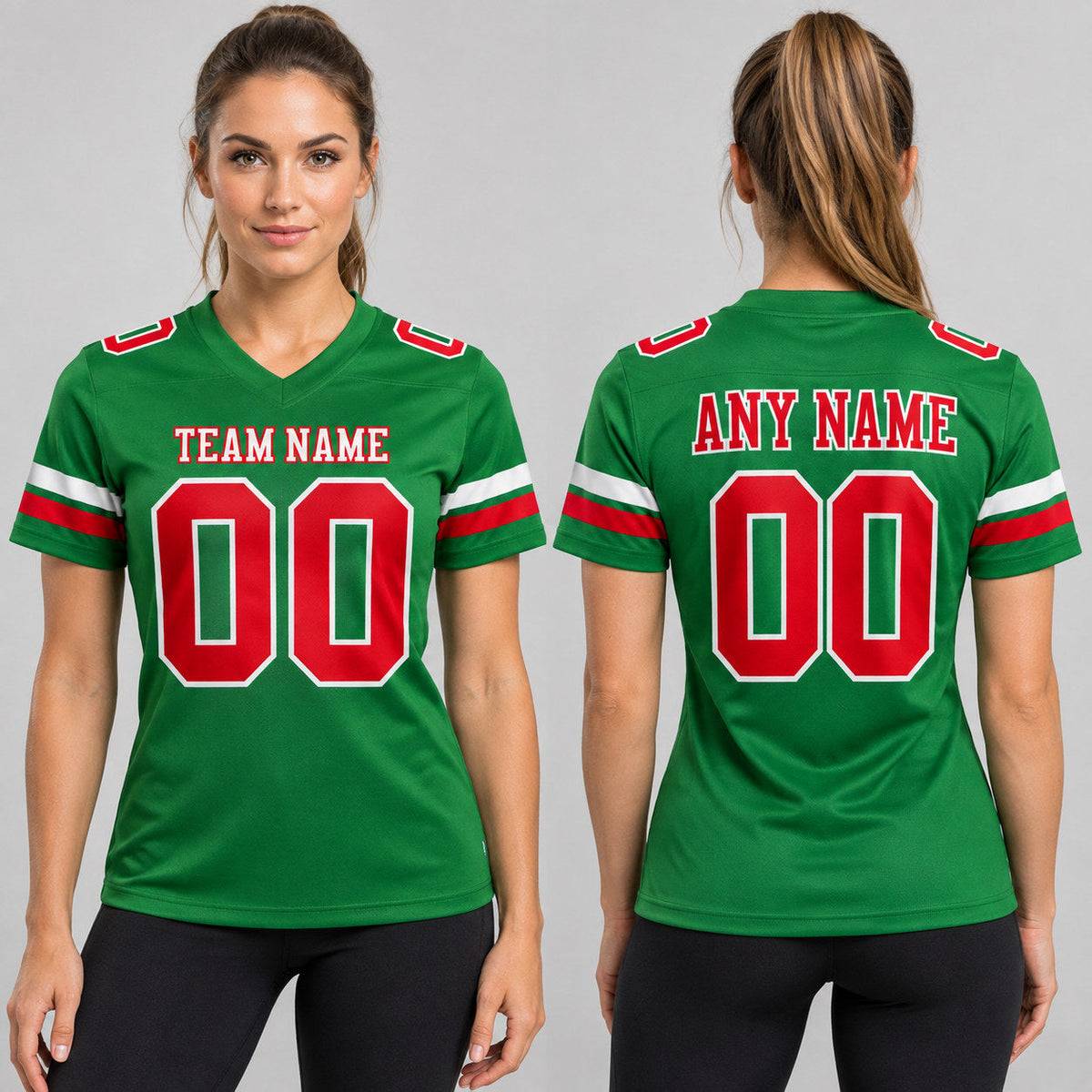 Custom Grass Green Authentic Football Jersey with Red and White Lettering worn by female model
